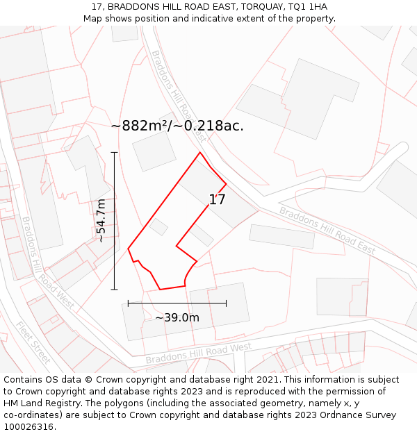 17, BRADDONS HILL ROAD EAST, TORQUAY, TQ1 1HA: Plot and title map