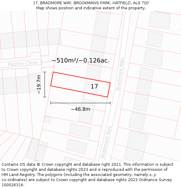 17, BRADMORE WAY, BROOKMANS PARK, HATFIELD, AL9 7QY: Plot and title map