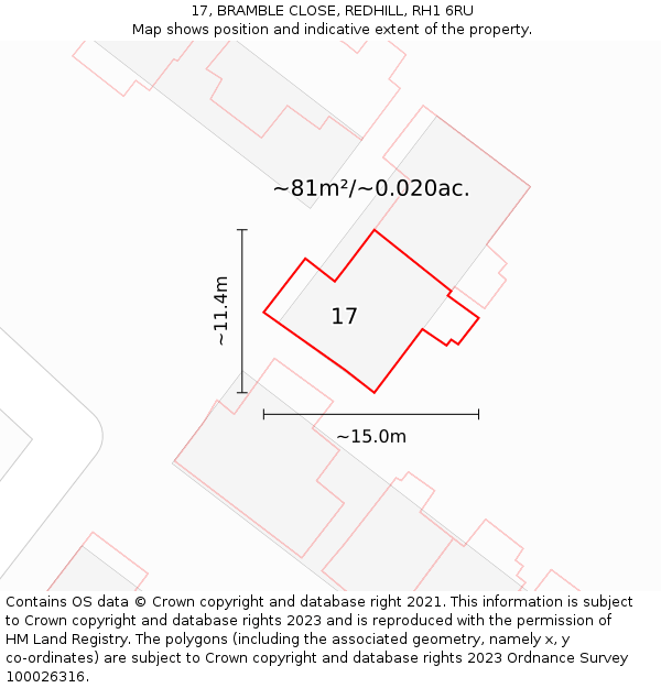 17, BRAMBLE CLOSE, REDHILL, RH1 6RU: Plot and title map