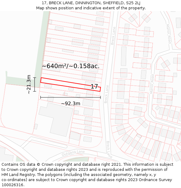 17, BRECK LANE, DINNINGTON, SHEFFIELD, S25 2LJ: Plot and title map