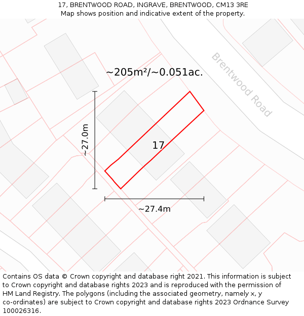 17, BRENTWOOD ROAD, INGRAVE, BRENTWOOD, CM13 3RE: Plot and title map