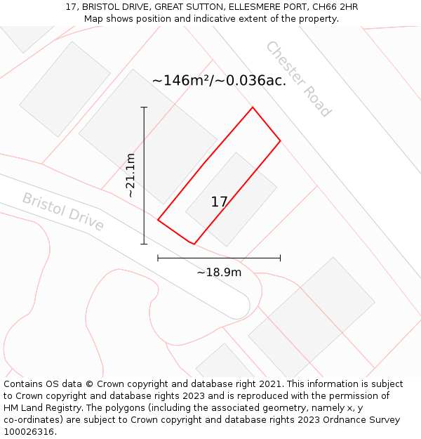 17, BRISTOL DRIVE, GREAT SUTTON, ELLESMERE PORT, CH66 2HR: Plot and title map