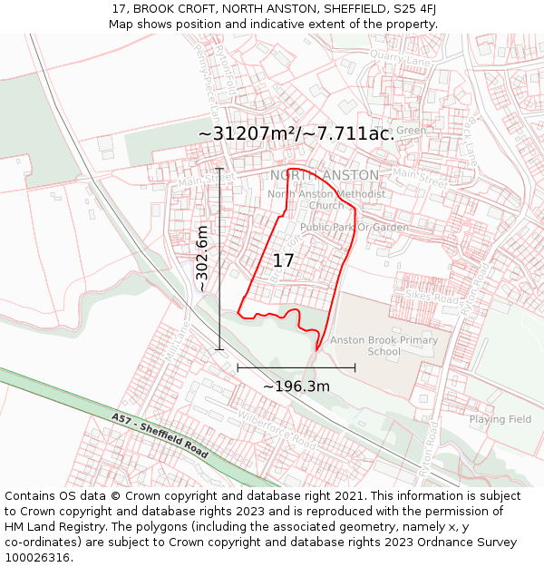 17, BROOK CROFT, NORTH ANSTON, SHEFFIELD, S25 4FJ: Plot and title map