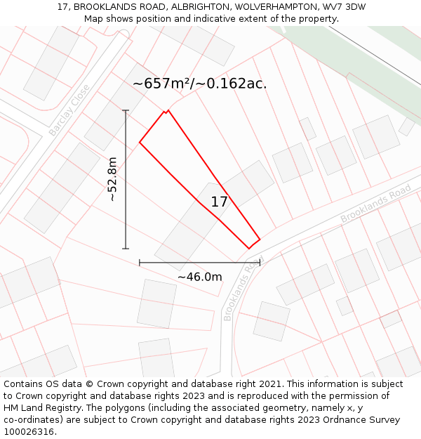 17, BROOKLANDS ROAD, ALBRIGHTON, WOLVERHAMPTON, WV7 3DW: Plot and title map