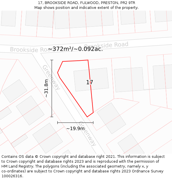 17, BROOKSIDE ROAD, FULWOOD, PRESTON, PR2 9TR: Plot and title map