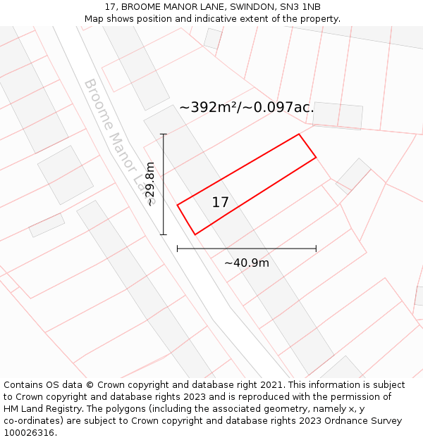 17, BROOME MANOR LANE, SWINDON, SN3 1NB: Plot and title map