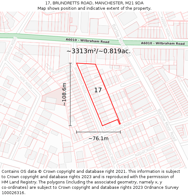 17, BRUNDRETTS ROAD, MANCHESTER, M21 9DA: Plot and title map