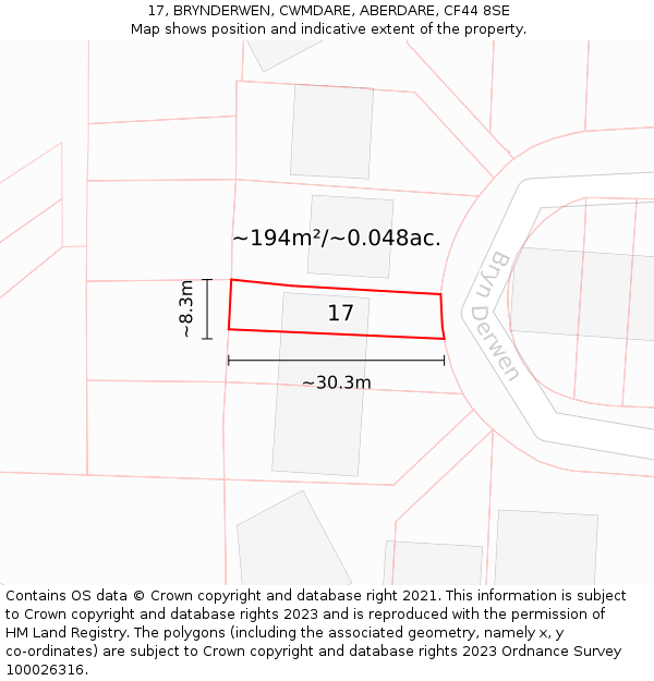 17, BRYNDERWEN, CWMDARE, ABERDARE, CF44 8SE: Plot and title map