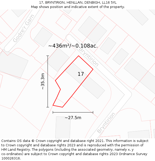 17, BRYNTIRION, HENLLAN, DENBIGH, LL16 5YL: Plot and title map