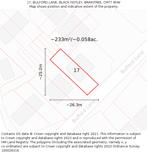 17, BULFORD LANE, BLACK NOTLEY, BRAINTREE, CM77 8NW: Plot and title map