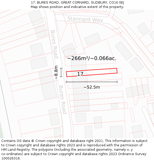 17, BURES ROAD, GREAT CORNARD, SUDBURY, CO10 0EJ: Plot and title map