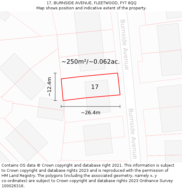 17, BURNSIDE AVENUE, FLEETWOOD, FY7 8QQ: Plot and title map