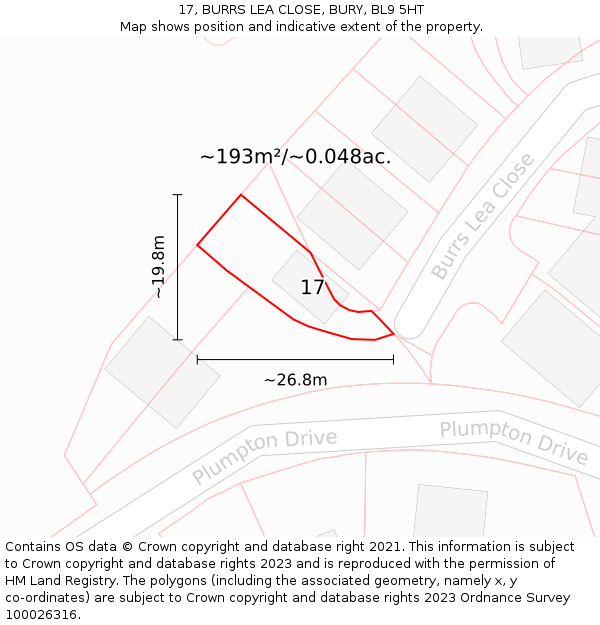 17, BURRS LEA CLOSE, BURY, BL9 5HT: Plot and title map