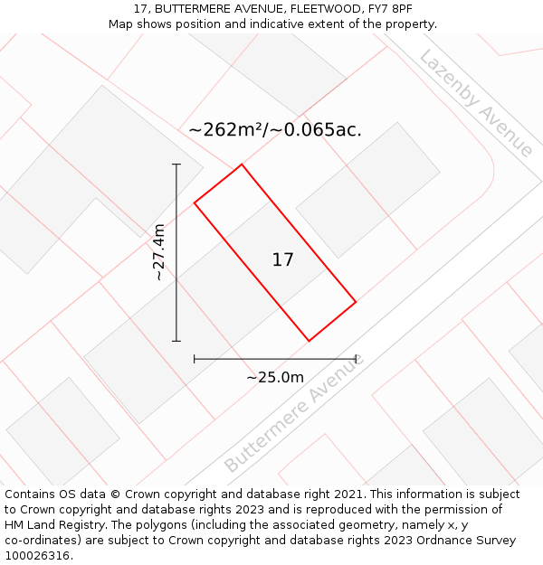 17, BUTTERMERE AVENUE, FLEETWOOD, FY7 8PF: Plot and title map