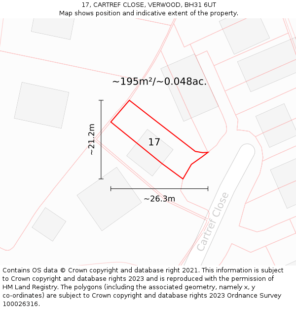 17, CARTREF CLOSE, VERWOOD, BH31 6UT: Plot and title map