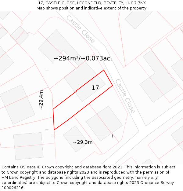 17, CASTLE CLOSE, LECONFIELD, BEVERLEY, HU17 7NX: Plot and title map