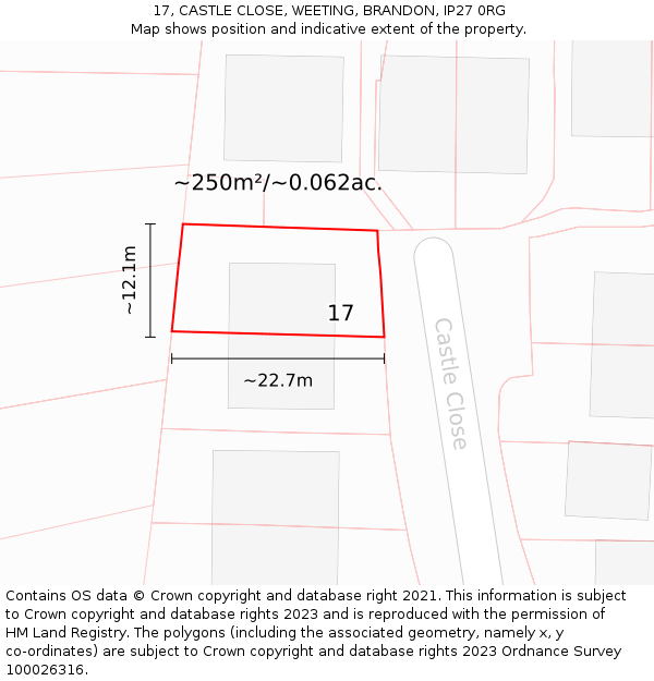 17, CASTLE CLOSE, WEETING, BRANDON, IP27 0RG: Plot and title map