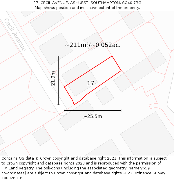 17, CECIL AVENUE, ASHURST, SOUTHAMPTON, SO40 7BG: Plot and title map