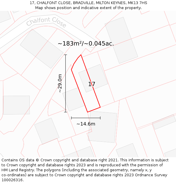 17, CHALFONT CLOSE, BRADVILLE, MILTON KEYNES, MK13 7HS: Plot and title map