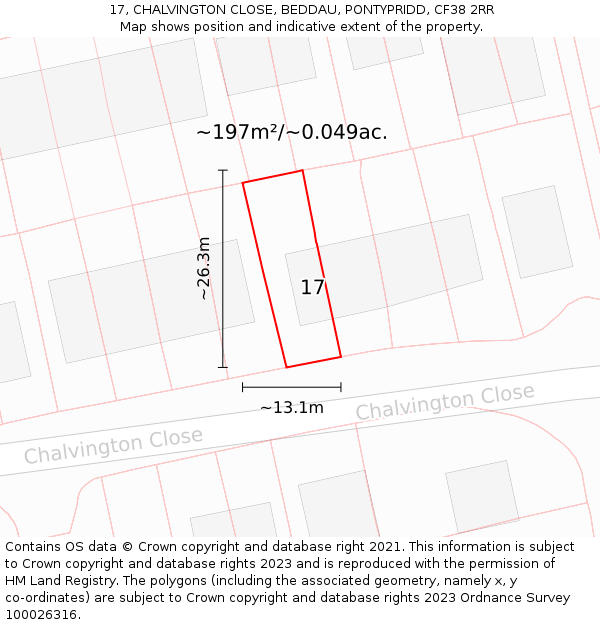 17, CHALVINGTON CLOSE, BEDDAU, PONTYPRIDD, CF38 2RR: Plot and title map