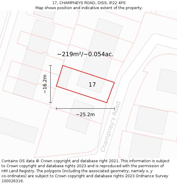 17, CHAMPNEYS ROAD, DISS, IP22 4PS: Plot and title map