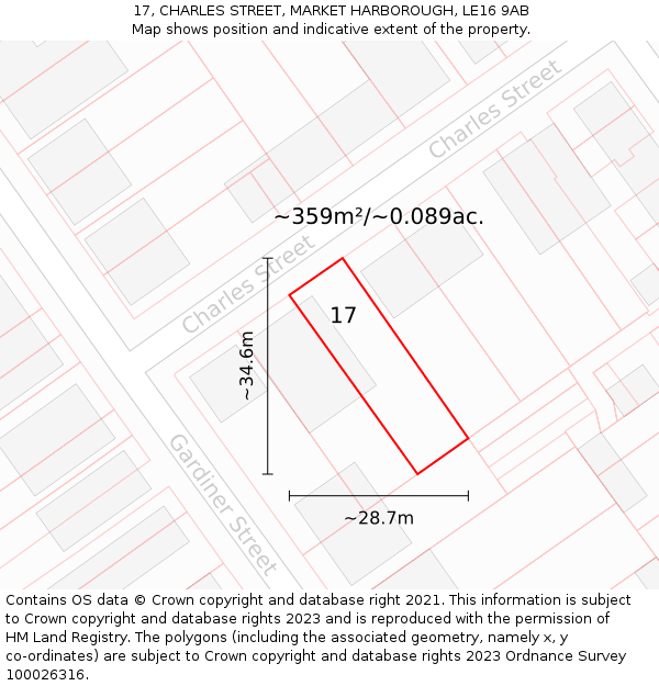 17, CHARLES STREET, MARKET HARBOROUGH, LE16 9AB: Plot and title map