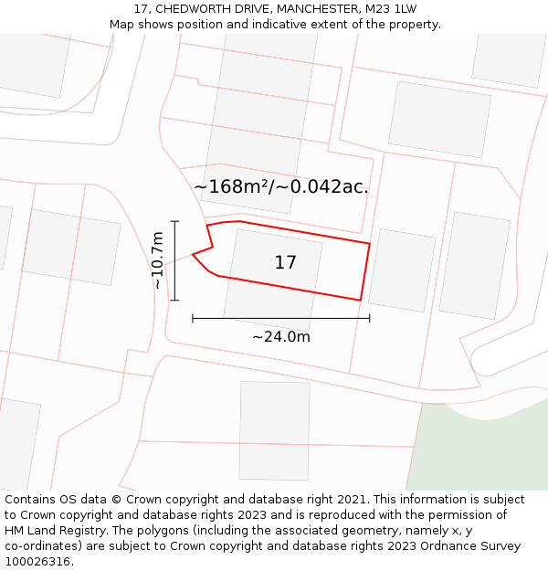 17, CHEDWORTH DRIVE, MANCHESTER, M23 1LW: Plot and title map