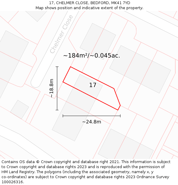 17, CHELMER CLOSE, BEDFORD, MK41 7YD: Plot and title map