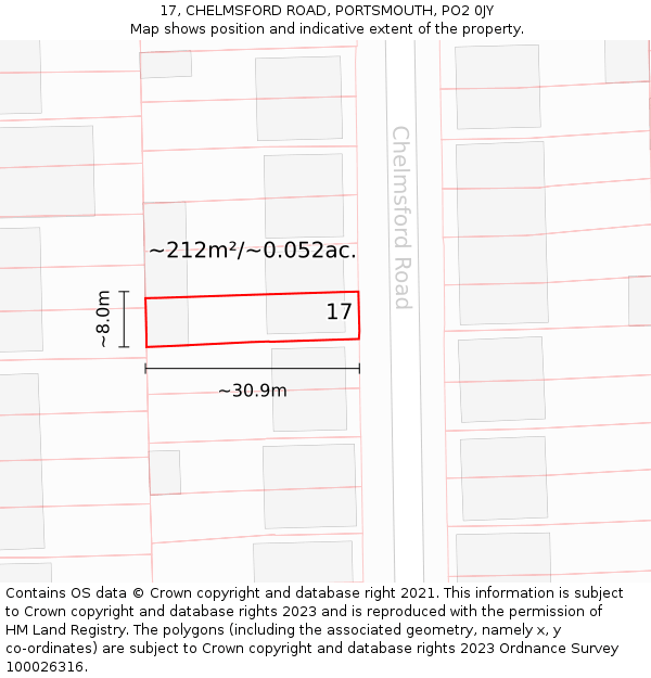 17, CHELMSFORD ROAD, PORTSMOUTH, PO2 0JY: Plot and title map