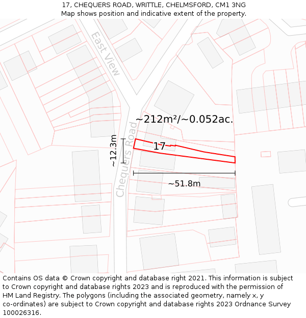 17, CHEQUERS ROAD, WRITTLE, CHELMSFORD, CM1 3NG: Plot and title map