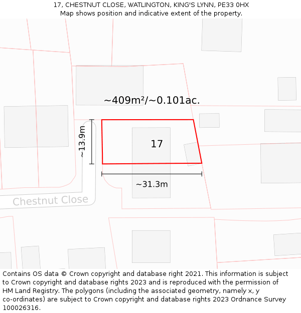 17, CHESTNUT CLOSE, WATLINGTON, KING'S LYNN, PE33 0HX: Plot and title map