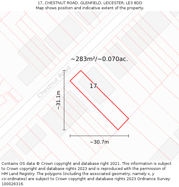 17, CHESTNUT ROAD, GLENFIELD, LEICESTER, LE3 8DD: Plot and title map