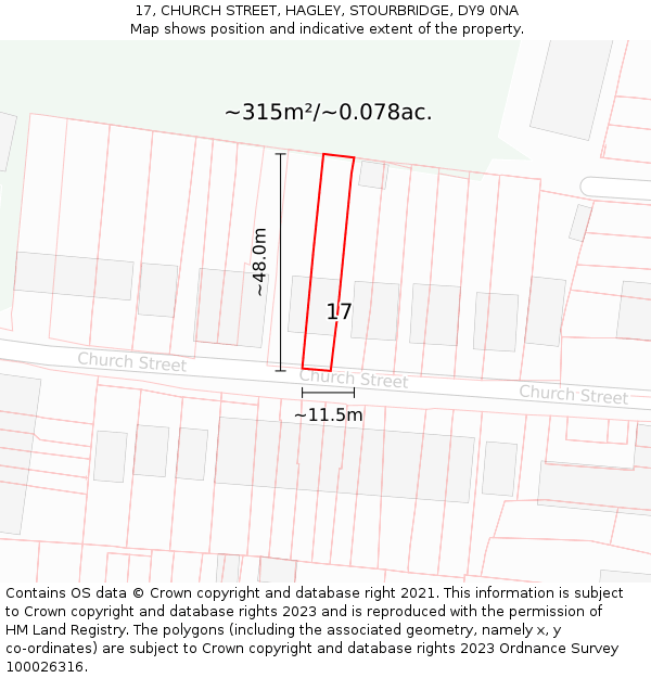 17, CHURCH STREET, HAGLEY, STOURBRIDGE, DY9 0NA: Plot and title map