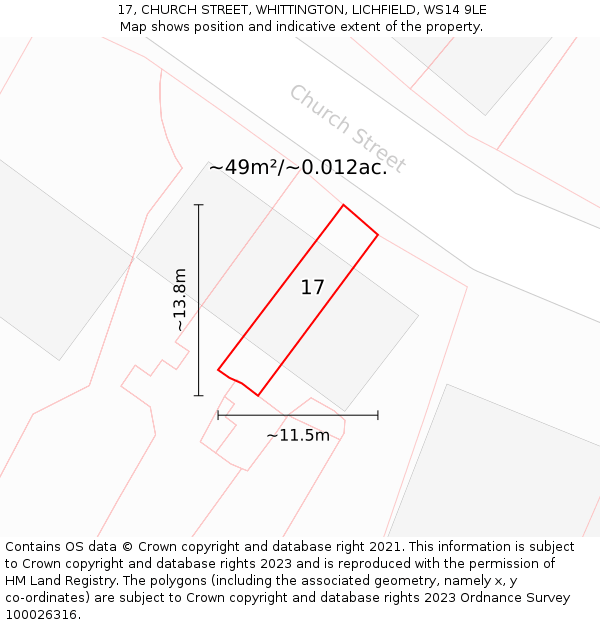 17, CHURCH STREET, WHITTINGTON, LICHFIELD, WS14 9LE: Plot and title map