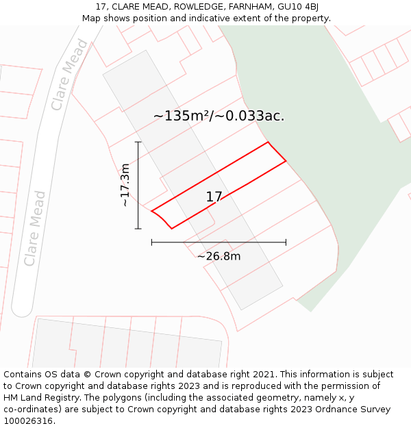 17, CLARE MEAD, ROWLEDGE, FARNHAM, GU10 4BJ: Plot and title map