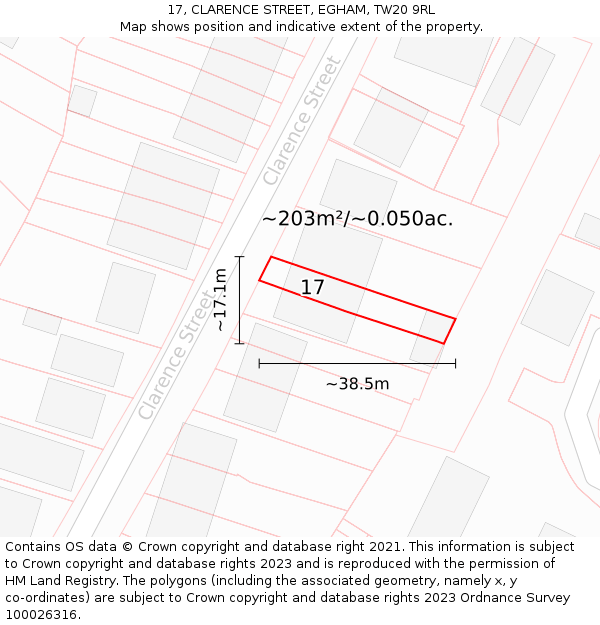 17, CLARENCE STREET, EGHAM, TW20 9RL: Plot and title map