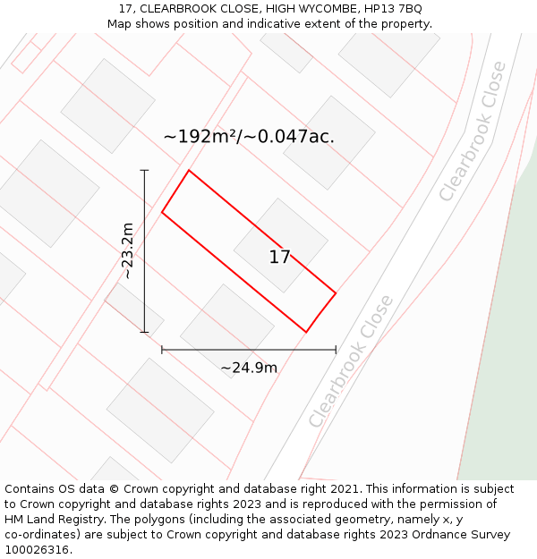 17, CLEARBROOK CLOSE, HIGH WYCOMBE, HP13 7BQ: Plot and title map