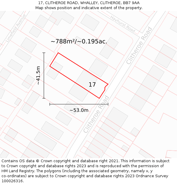 17, CLITHEROE ROAD, WHALLEY, CLITHEROE, BB7 9AA: Plot and title map