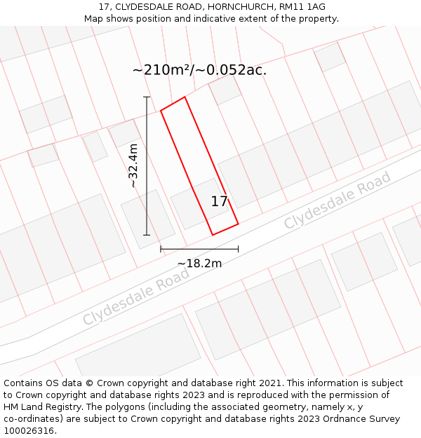 17, CLYDESDALE ROAD, HORNCHURCH, RM11 1AG: Plot and title map