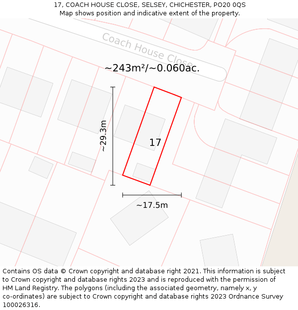17, COACH HOUSE CLOSE, SELSEY, CHICHESTER, PO20 0QS: Plot and title map