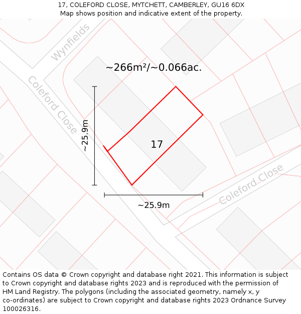 17, COLEFORD CLOSE, MYTCHETT, CAMBERLEY, GU16 6DX: Plot and title map