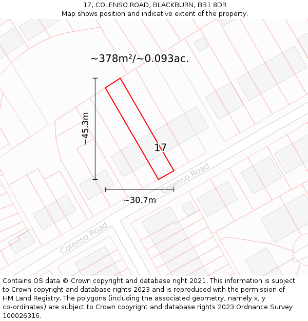 17, COLENSO ROAD, BLACKBURN, BB1 8DR: Plot and title map