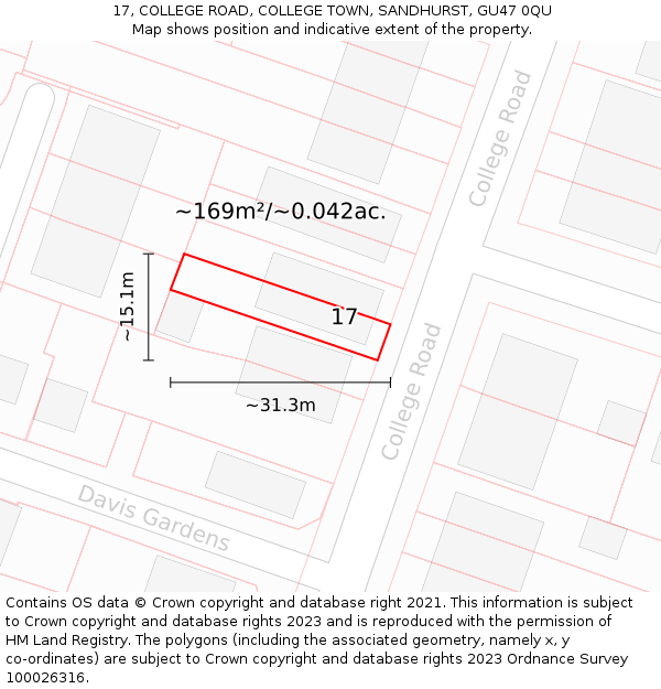 17, COLLEGE ROAD, COLLEGE TOWN, SANDHURST, GU47 0QU: Plot and title map