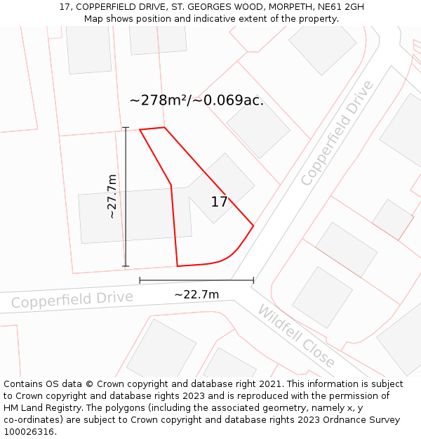 17, COPPERFIELD DRIVE, ST. GEORGES WOOD, MORPETH, NE61 2GH: Plot and title map