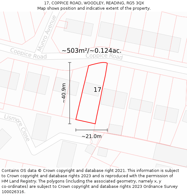 17, COPPICE ROAD, WOODLEY, READING, RG5 3QX: Plot and title map