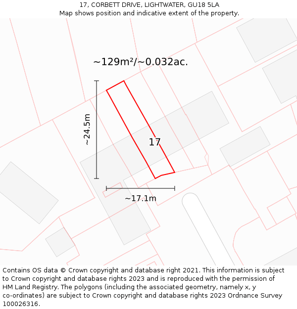 17, CORBETT DRIVE, LIGHTWATER, GU18 5LA: Plot and title map