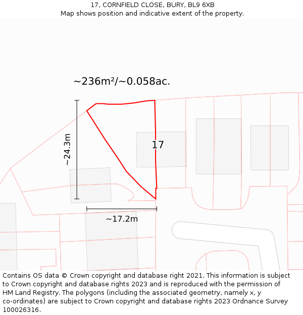 17, CORNFIELD CLOSE, BURY, BL9 6XB: Plot and title map