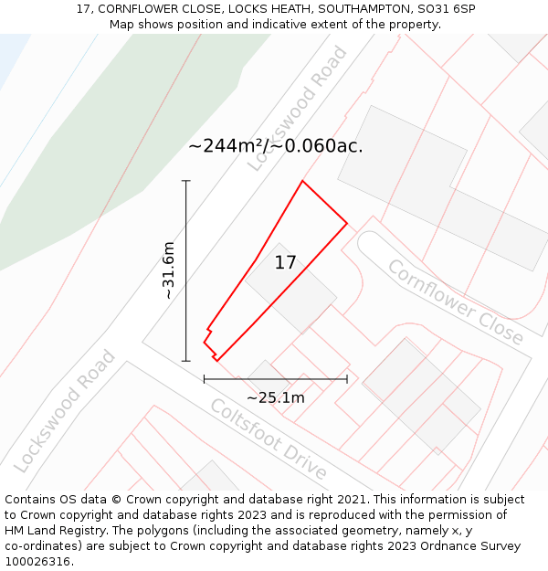 17, CORNFLOWER CLOSE, LOCKS HEATH, SOUTHAMPTON, SO31 6SP: Plot and title map