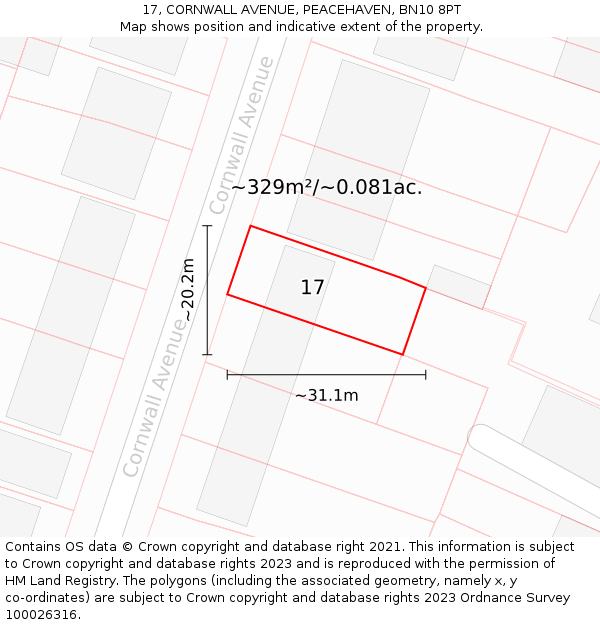 17, CORNWALL AVENUE, PEACEHAVEN, BN10 8PT: Plot and title map