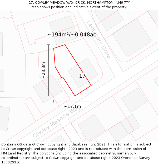 17, COWLEY MEADOW WAY, CRICK, NORTHAMPTON, NN6 7TY: Plot and title map